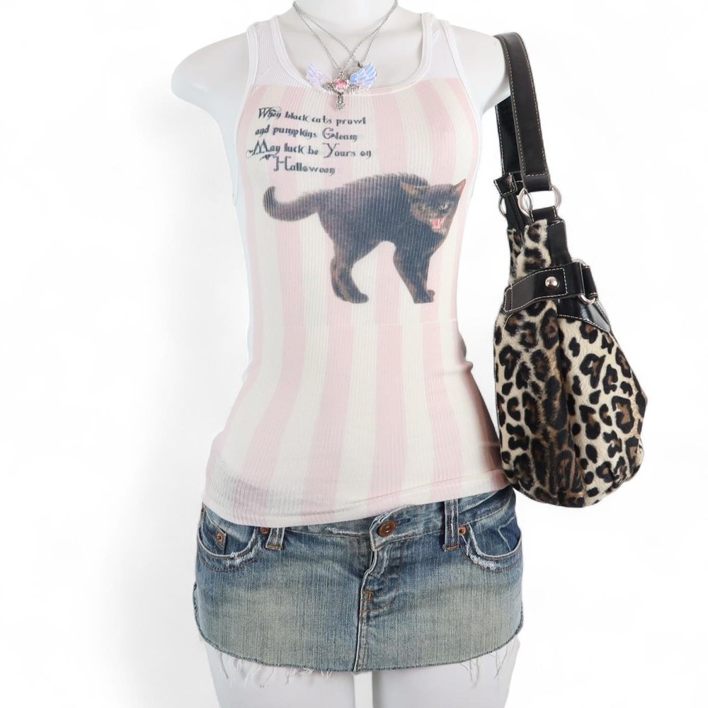 y2k halloween cat tank top | pink striped black cat top | 2000s halloween